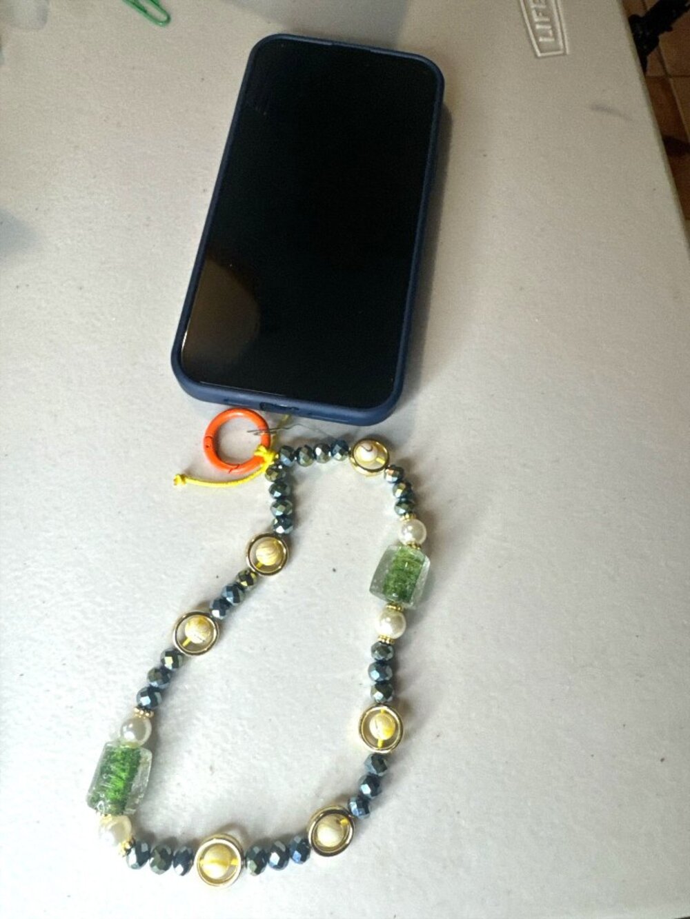 Colorful Beaded Wristlet Phone Charm Strap with Green Glass Beads & Gold Accents